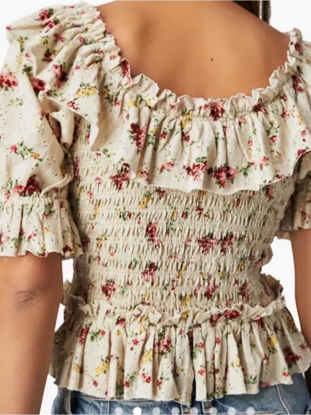 Free People favorite girl Cream Floral Ruffle Smocked crop Top medium cotton